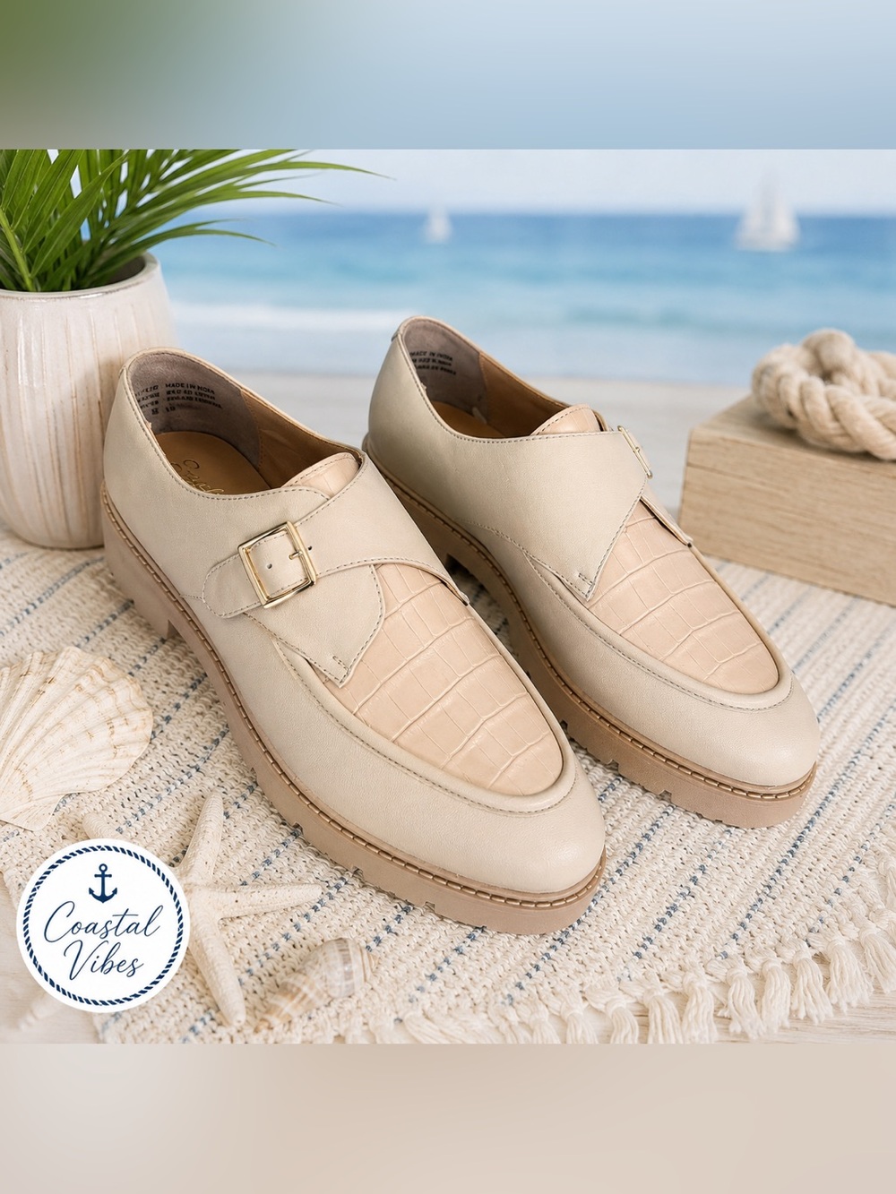 Seychelles Beige Monk Strap Loafers Croc Embossed Lug Sole Shoes Women’s 9.5